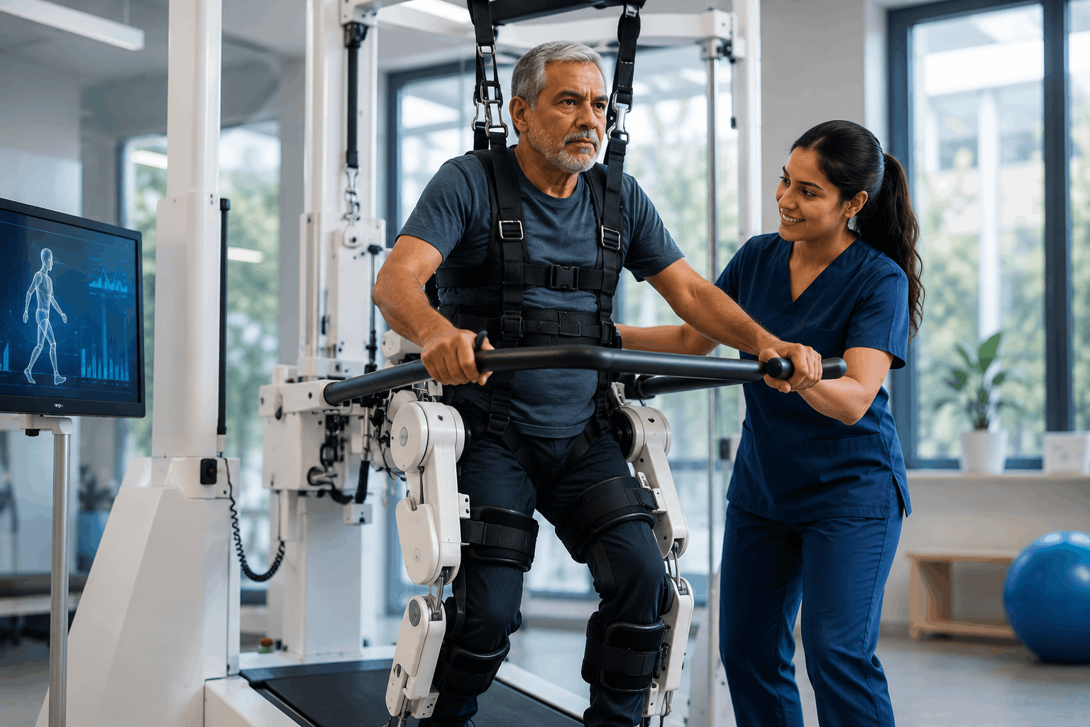 Stroke survivor participating in robotic neuro rehabilitation therapy